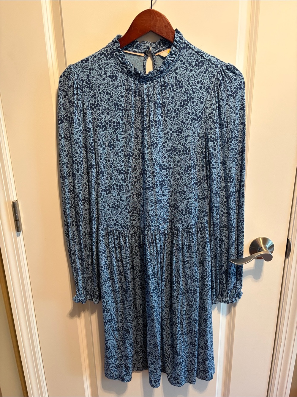 Boden Blue Floral Ruffle‑Neck Long Sleeve Dress